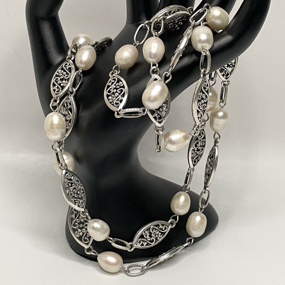 Stunning Vintage Silver Tone Filigree Pearl Beaded Chain Necklace Statement